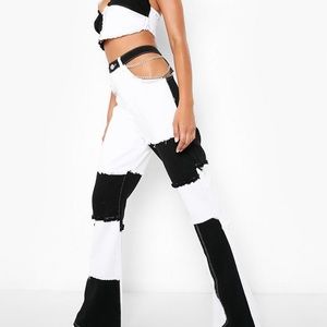 Patchwork Denim Flared Jeans with Chain Cutout Detail